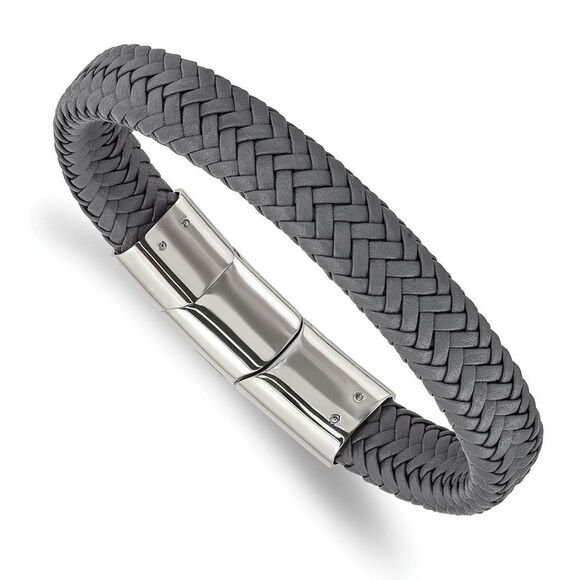 12mm Stainless Steel Gray Woven Leather Adj Bracelet, 8 Inch